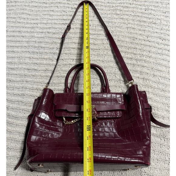 Michael Kors Hamilton Legacy Crocodile Embossed Leather Belted Satchel Burgundy - Picture 5 of 16